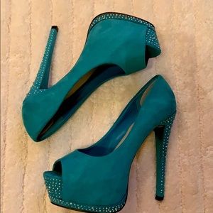 Teal rhinestone high heels